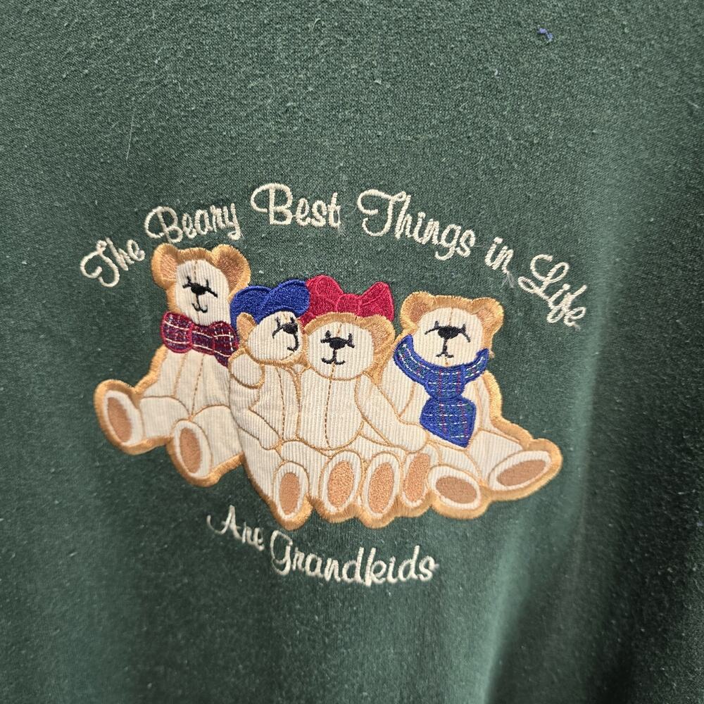 Vintage Sweatshirt Womens XL Green Teddy Bear Grandma Grannycore 90s